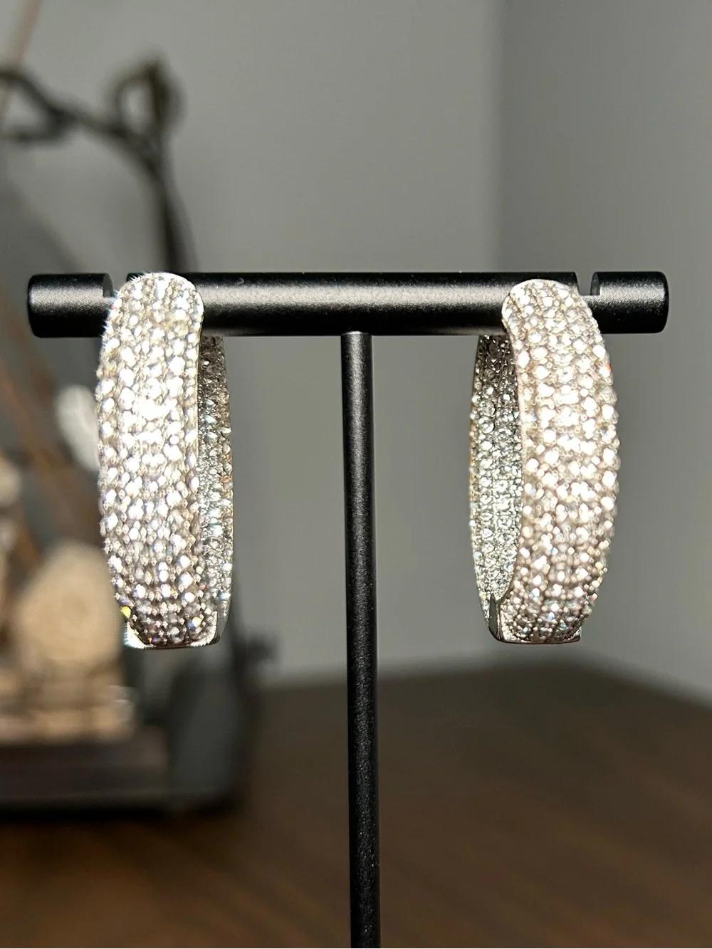 Joan Boyce Silver Tone Pavé Crystal Hoop Earrings Statement Sparkle